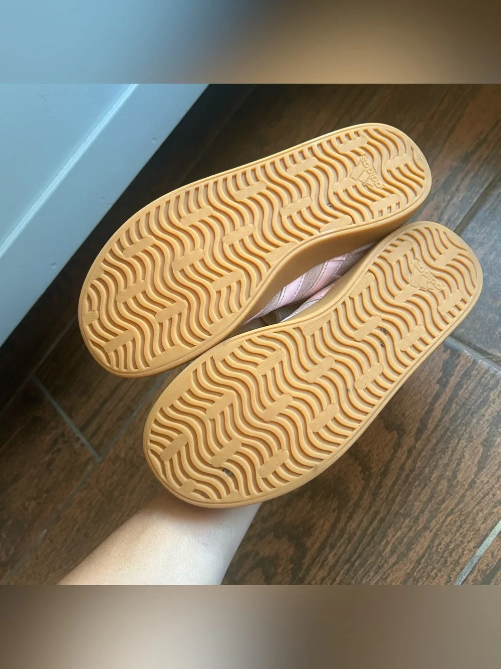 Girls pink shimmery adidas slip ons size 2.5